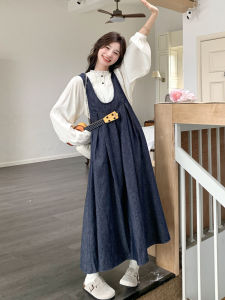 Blue Denim U-Neck Dress Set Women Spring 2025 New Sweet Wood Ear Bottom Shirt Two-Piece Set High Waist A-Line Long Skirt