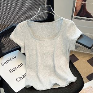 New 2024 Lace Splice Grey Short Sleeve T-Shirt Womens Shoulder Pure Cotton Square Collar Clavicle Slim Fit Short Style Summer Top
