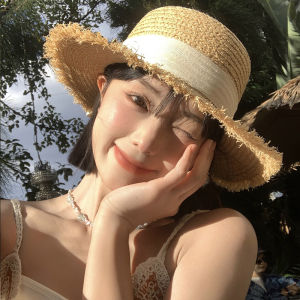 Summer Womens Straw Hat with Bow Tie Beachside Sunshade Anti-Uv Casual Style Outgoing Visor Cap Brim Large Casual Hat