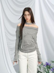 French Style One Shoulder Knitted Sweater Womens Sleeveless Slim Fit Outerwear Spring High End Feeling Top V Neck Long Sleeve