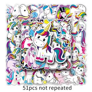 สติกเกอร์ตกแต่งหน้าจอคอมพิวเตอร์โน้ตบุ๊กและกระเป๋าเดินทางลายม้ายูนิคอร์นสีรุ้งกันน้ำ ลายการ์ตูนน่ารัก 51 ชิ้น