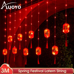 Auoyo CNY decoration led light 2024 3M Spring Festival Lantern String Celebration Fu Character Curtain Light Red Lantern Festival Atmosphere Decoration Curtain Light String Chinese Red Lanterns Decorations New Year Lantern Hanging Lanterns
