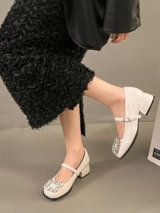 French Rhinestone Flat Bottom Mary Janes Womens Shoes Spring 2025 New Style Chunky Heel Fashionable Sweet Interior Material