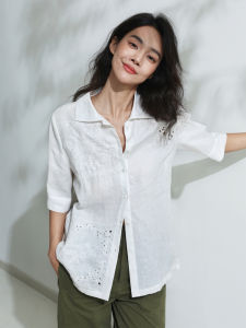 Miccbeirn | Pure Linen Embroidered Shirt Artistic Simple Fashion Retro Casual Basic Mens Button Up Top Summer Season Five Sleeve Length