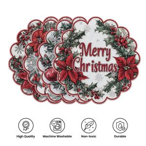 VIKAMA Nutcracker Soldier Gift Box Wreath Placemat Cream Base Scalloped Edge Red Uniform Present Pine Branch Xmas Table Mat Soft