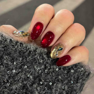 Red Short Wearing False Nails Cat Eye Design Sparkling Diamond High-End White Enhancing Nail Patches Chinese Brand Dawn Rose