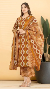 DEBAYU Readiprint Cotton Kurti with Bottom and Dupatta Set Embroidered Sequins Works Size L to 3XL Malaysia