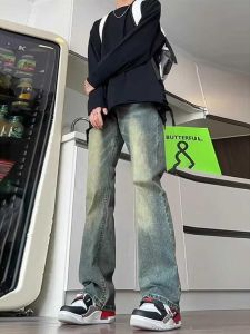 High Street American Retro Washed Yellow Mud Straight-leg Pants Denim Men Trendy Brands Easiest for Match Vibe Distressed Bootcut Trousers