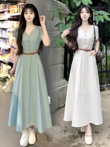 Fancy Temperament Long Dress Womens Summer Plus Size Plus Size Ladies Slimming Belly-Covering Pear Shapes Waist-Tight V Neck Dress