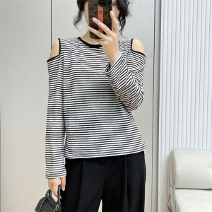 เสื้อยืดลายทางแขนยาวผ้าฝ้ายสำหรับผู้หญิง ฤดูใบไม้ร่วง 2025 แขนกุด ทรงหลวม หวาน สไตล์ลำลอง เสื้อยืดคอกลม