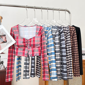 Áo Thun Tay Dài Ôm Vừa Vặn Cổ Vuông Thời Trang Cổ Điển Cho Nữ Mùa Thu Đông Tay Dài Ngắn Hở Eo Kẻ Caro Đa Năng