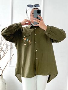 Kemeja Wanita Korean Style Bordir Kinaya Hitam Putih Pink Army Oversize Jumbo Bigsize