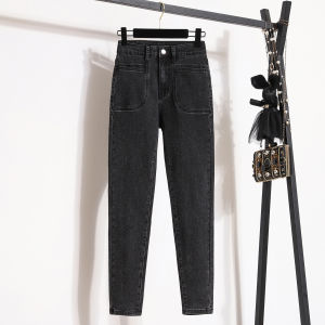 High Waist Slim Fit Denim Jeans Womens plus Size Elastic Autumn Style Smoke Grey Pencil Pants Temperature Regulation Function