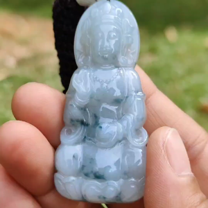 High Quality Light Green Floating Flower Natural Type A Jadeite Jade Crafted as Bodhisattva as Pendant certificate weighs 19.12 grams measurement 58.2 * 27 * 7.3 mm (pendant276)