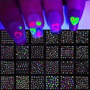30/60Sheets 3D Glow in The Dark Neon Nail Stickers Nail Art Decorations Glittery Glossy Self-Adhesive with Butterfly Love Heart