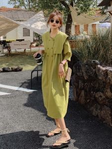 Chic Naval Collar Mustard Green Dress Womens Summer 2025 New French Tea Break Slimming Long Korean Style A-Line Dress