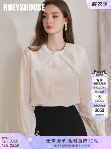 Elegant round Neck Apricot Shirt Womens Slim Fit Fashionable Simple Top Roeys House Commute Style Pure Color Button Detail