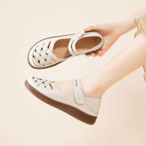 SHIPAILUO | Breathable Genuine Leather Sandals For Middle-Aged Women Flat Heel Casual Slip-On Shoes With Magic Tape Comfortable Summer Sandals