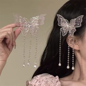New Chinese Style Pink Butterfly Tassel Hair Clip Womens Sweet Ancient Style Hanfu Headwear Side Clip