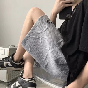 Mens 3D Embossed Letter Shorts Summer Elastic Waist Loose Casual Sweat Shorts