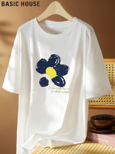 Basic House | Áo Thun Cotton In Hình Cổ Tròn Tay Ngắn Rộng
