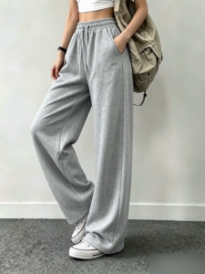 Wide Leg Sweatpants for Women Korean Style Elastic Waist Drawstring Trousers Loose Fit Casual Joggers with Pockets Non Plus Size Regular Standard Size Aesthetic Daily & Loungewear for 18-35 Ladies