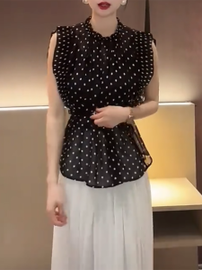QINGNAER | French Retro Style Polka Dot Shirt Large Size Elegant Waist-Slimming