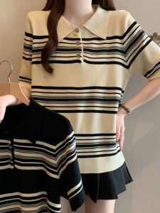 Slim Fit Ice Silk Polo Neck Striped Top Short Sleeve Womens Knitted Shirt Versatile Thin Base Layer Summer T-Shirt New Arrival