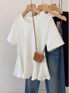 Ruffles White Shoulder Short-Sleeved T-shirt Womens Summer Plus Size Plus Size Ladies Unique Beautiful Small Shirt Puffy Belly-Covering Coat