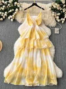 Summer Wear Womens Travel Vacation Photography Dress French Fancy Waist Trimming Ruffles Splicing Sling Dress