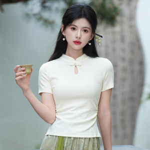 Elegant Short Sleeve Stand Collar Chinese Style T-Shirt Womens Fashion Button up Top for Cheongsam And Hanfu Skirt