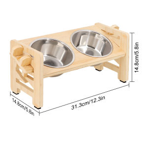 Adjustable Heightened Cat Bowl Stand for Small Dogs and Cats Sturdy Wooden Pet Food Feeder with 2 Stainless Steel Bowls