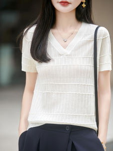 YUEXINYIRONG | V-Neck Knit Short Sleeve Thin Elastic Breather Loose Fashionable Shirt