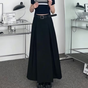 Elegant Small Size Retro Black Pleated Loose Fashion High Waist Half-length Skirt Womens Autumn New Style Slimming Long Skirt