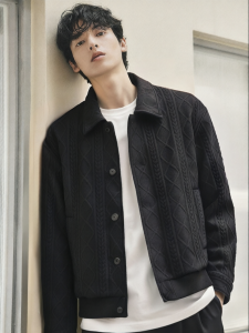 GXG | Knitted Jacquard Cardigan Textured Twist Yarn Mid Fit Collared Jacket