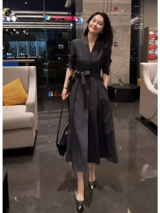 Elegant Black Suit Dress Autumn Winter High Waist A-Line Skirt Korean Style Commute Polyester Fiber Long Sleeve Business Scene