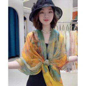 ผ้าพันคอไหมยาวพิมพ์ลายฤดูร้อนสำหรับผู้หญิง ผ้าคลุมไหล่กันแดด ผ้าคลุมศีรษะแบบอเนกประสงค์ ผ้าคลุมไหล่แบบลำลอง ผ้าคลุมศีรษะแบบลำลอง