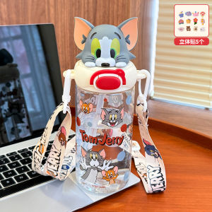 Cốc Nước Hình Mèo Và Chuột Hoạt Hình Cho Trẻ Em Đi Học Có Ống Hút Có Dây Đeo Vai Cốc Nước Cầm Tay Dung Tích 580ml