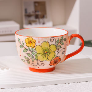 Embossed pure hand-painted ceramic cup beautiful large capacity breakfast cup high value flower tea cup milk oatmeal cup
