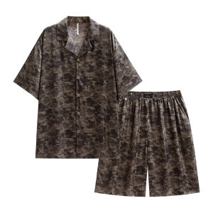 yuenei | Mens Summer Ice Silk Short Sleeve Sleepwear Home Clothes Thin Model Pants Casual Loose Fit Youth Polyester Blend Comfortable