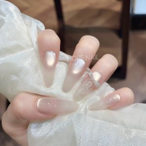 Handmade Gradient Cat Eye Butterfly Knot Nail Stickers Pure Desire Milk White Wearable False Nails Beauty Soul Mate