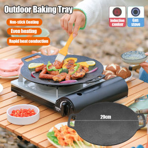 ถาดบาร์บีคิวเตาแก๊ซแบบพกพากระทะทอดถาดอบขนมกลางแจ้งสำหรับปิคนิคตั้งค่ายกะทะย่างสไตล์เกาหลีที่ทอดสเต็กแบบกลมพร้อมที่จับกระทะ