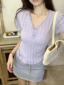 Korean Style Pure Desire V-Neck Button Knitted Short Sleeve T-Shirt Womens Summer New Design Lace Trimmed Embroidered Top