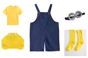 New Childrens Performance Outfit Pure Cotton Short Sleeve Denim Overalls Dance Class Uniform Yellow Man COS Performance Costume