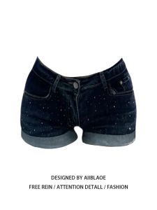 กางเกงขาสั้นยีนส์ทรงสลิมฟิตเอวต่ำสำหรับผู้หญิง กางเกงขาสั้นทรงเข้ารูปสไตล์อเมริกัน ดีไซน์ใหม่ ปักคริสตัล กางเกงขายาวทรงเข้ารูป