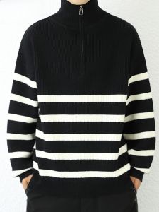 HENGYUANXIANG | Classic Mens Knitted Sweater Half High Collar Zipper Hooded Striped Pullover Winter Fashion Comfortable Soft Polyester Nylon