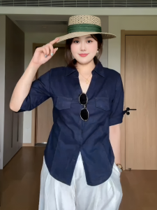 Áo Sơ Mi Vải Lanh Cỡ Lớn Màu Xanh Lam Cổ Polo Dáng Rộng Thoải Mái Mùa Hè 2025 Áo Sơ Mi Bó Eo Cho Nữ