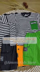 Pakaian Anak Laki-laki Setelan Baju motif Salur Celana Cargo Pendek Anak Laki-laki