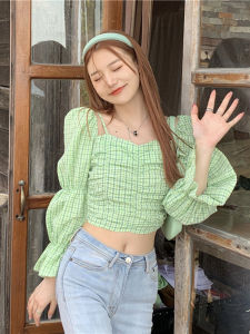 French Vintage Green One-Shoulder Puff Sleeve Shirt