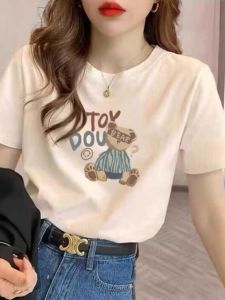 เสื้อยืดแขนสั้นสีอัลมอนด์ระดับพรีเมียมสําหรับผู้หญิงฤดูร้อน 2024 สไตล์ใหม่ผ้าฝ้ายแท้หลวมพอดีเสื้อผ้าทํางานลําลอง